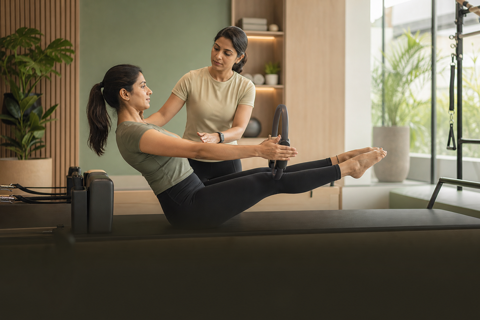Physiotherapist guiding a patient through a clinical Pilates exercise