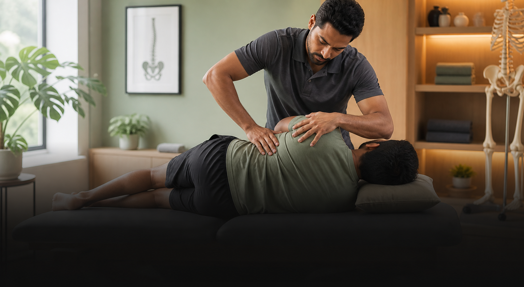 Physiotherapist performing spinal and joint mobilisation treatment