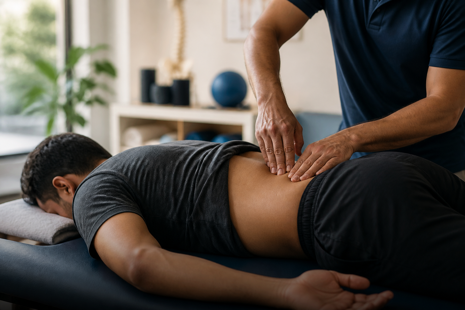 Physiotherapist providing hands-on treatment for a patient with lower back pain