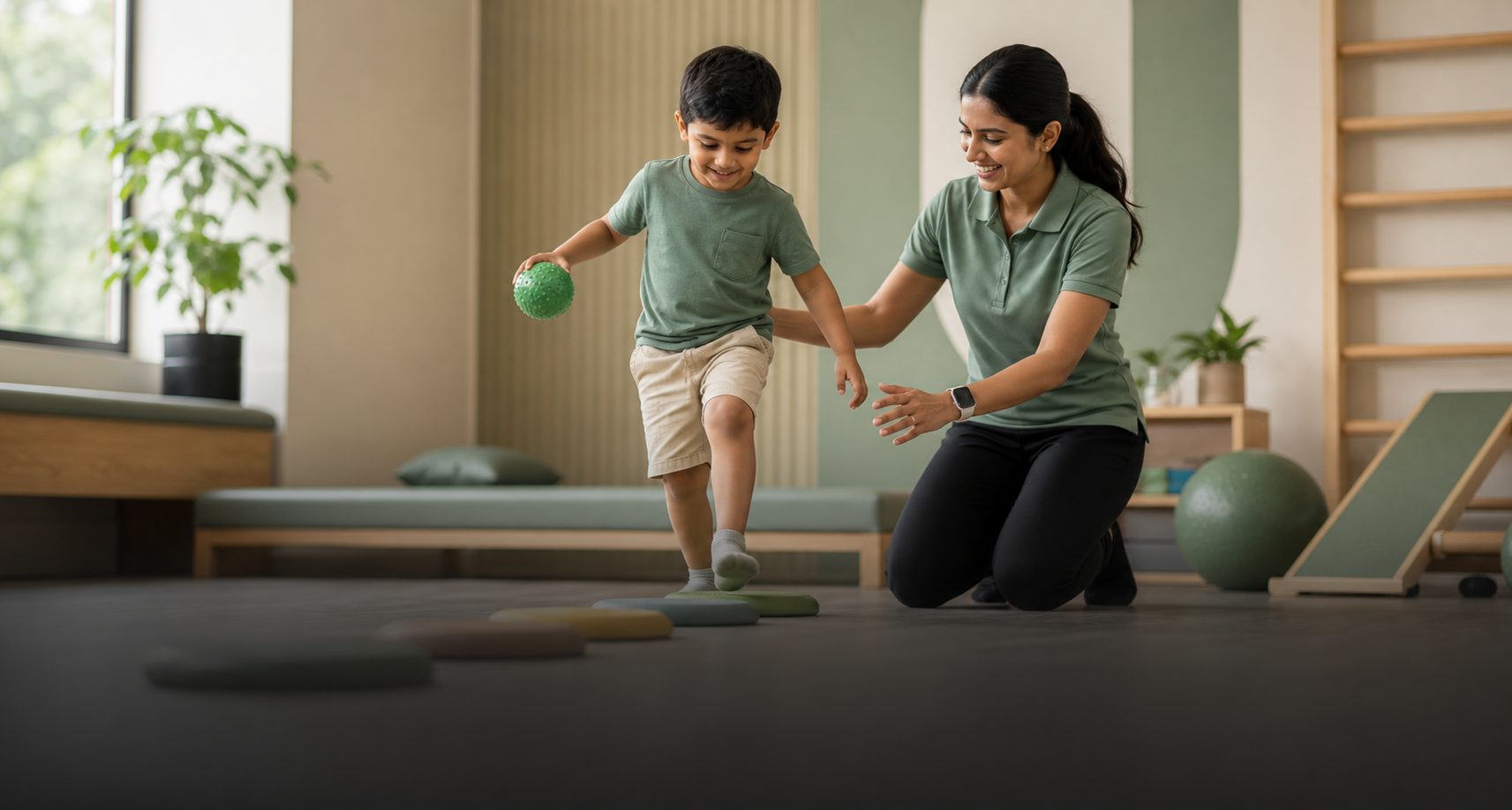 Child completing a supported physiotherapy movement activity