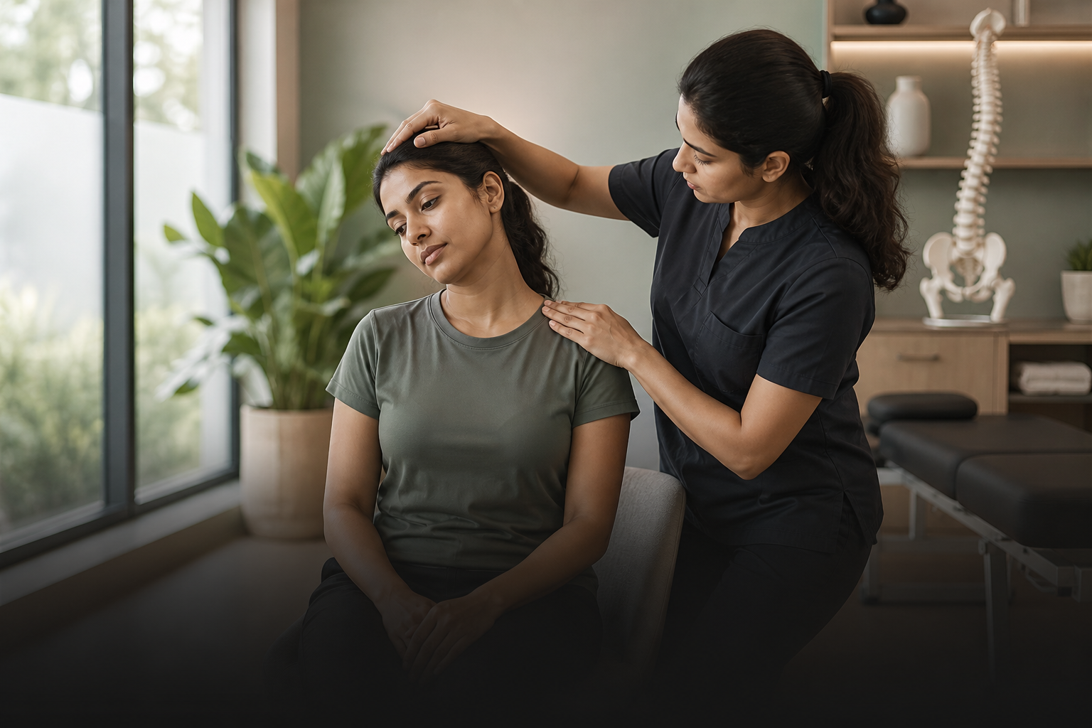 Physiotherapist assessing neck movement for migraine and headache care