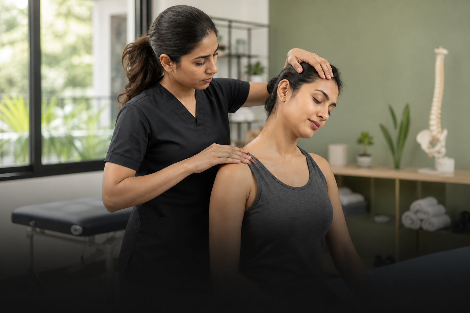Physiotherapist assessing and treating neck and shoulder movement