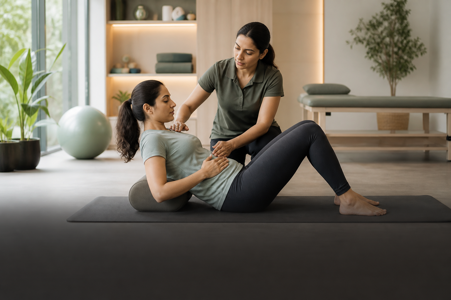 Physiotherapist guiding a pelvic-floor rehabilitation exercise