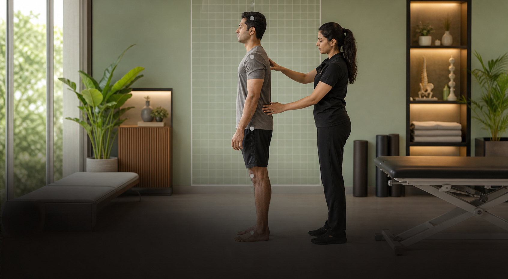 Physiotherapist guiding posture and movement correction exercises