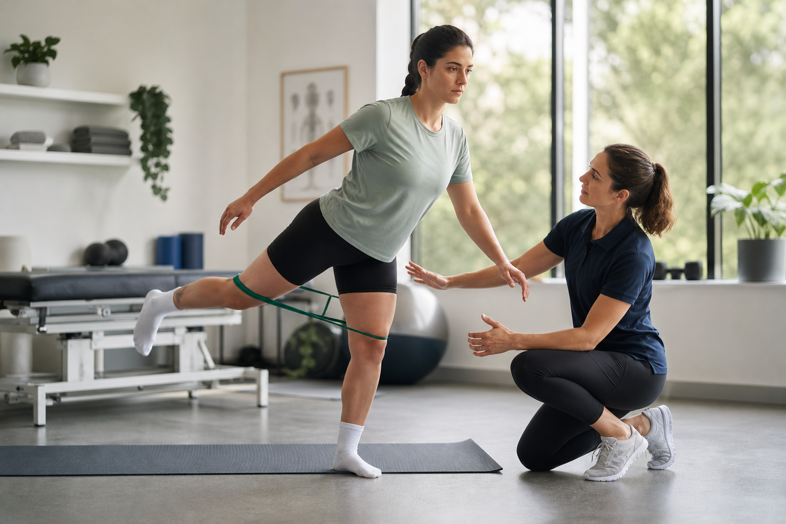 Physiotherapist supervising an athlete during progressive knee rehabilitation